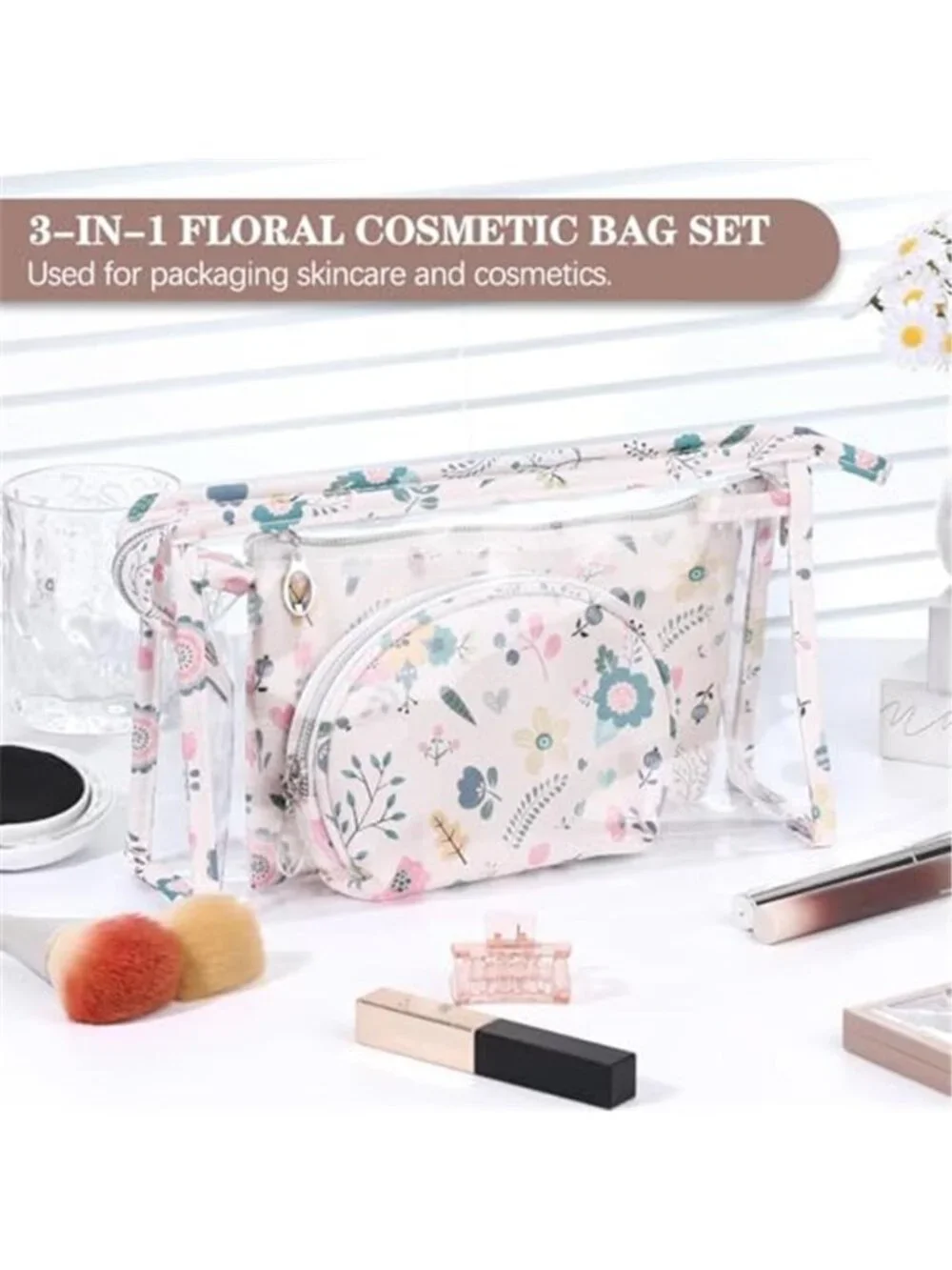 Makeup Bag, Clear Bag with Zipper 3PC Floral Flowers Makeup Pouch